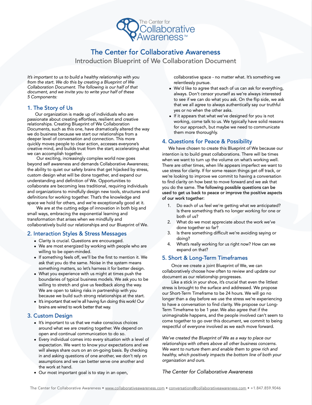 FREE: The Center for Collaborative Awareness 1-Page Introduction Blueprint of We
